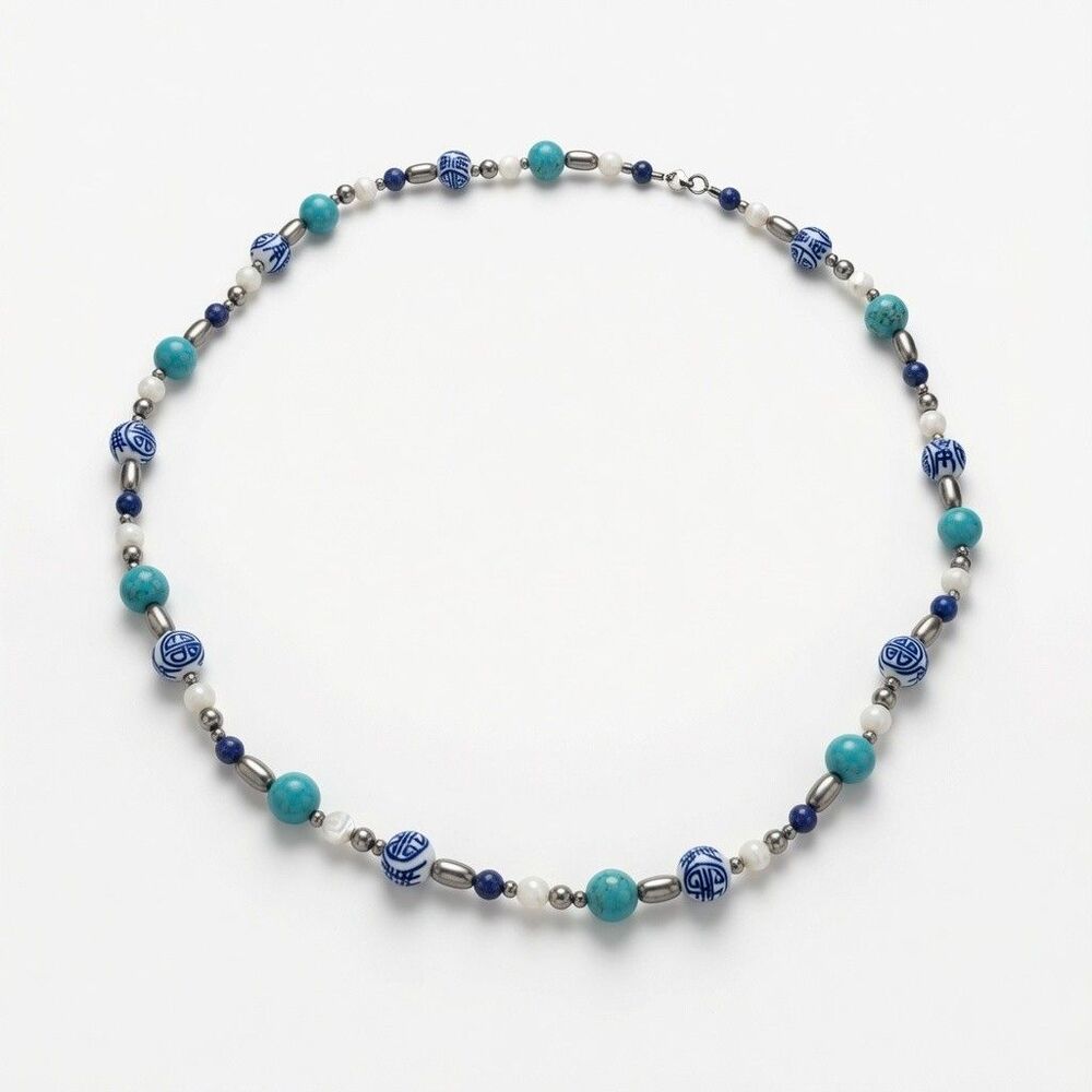 Sterling Silver 925 Clasp Asian Porcelain Shou Turquoise Lapis Bead 24" Necklace